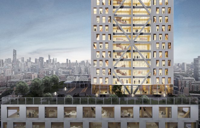 Exterior rendering of office and residential levels of Proto-Model X, Sidewalk Labs’ prototypical timber building. Image Michael Green Architecture and Gensler