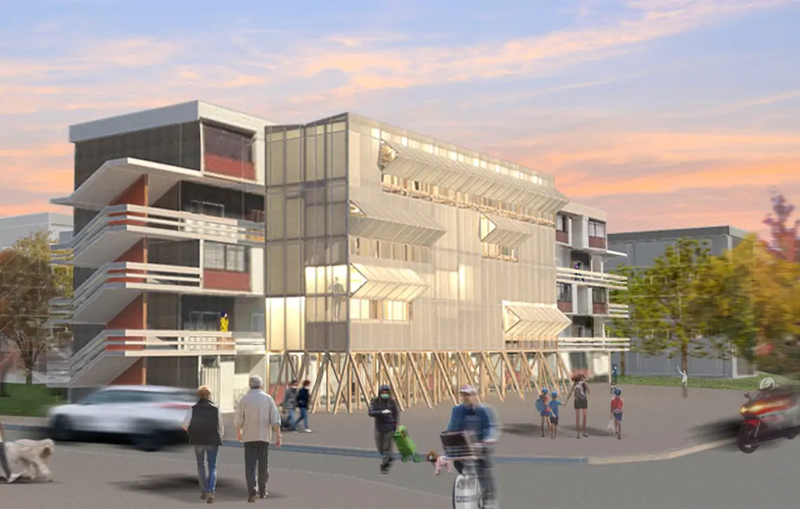 Proyecto elaborado en madera propone un Co-Work adosado a los edificios de un barrio de Santiago - Madera21