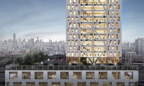 Exterior rendering of office and residential levels of Proto-Model X, Sidewalk Labs’ prototypical timber building. Image Michael Green Architecture and Gensler